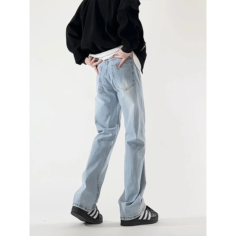 bootcut冰蓝色牛仔裤男款春秋季美式cleanfit微喇裤显瘦直筒裤子