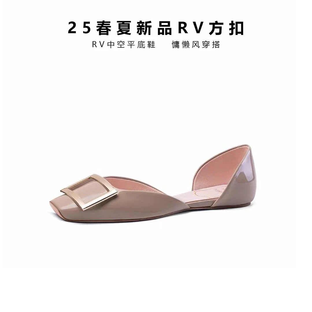 【RV春秋新款】金标方扣中空漆皮单鞋方头慵懒风凉鞋女士百搭平底鞋