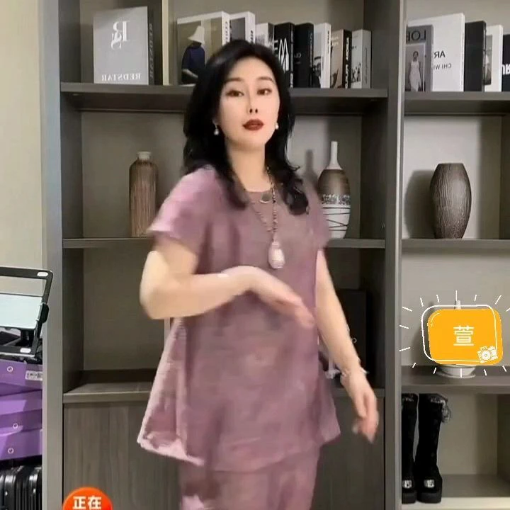 新中式复古雕花裤套女装新款宽松显瘦短袖上衣+九分阔腿裤两件套