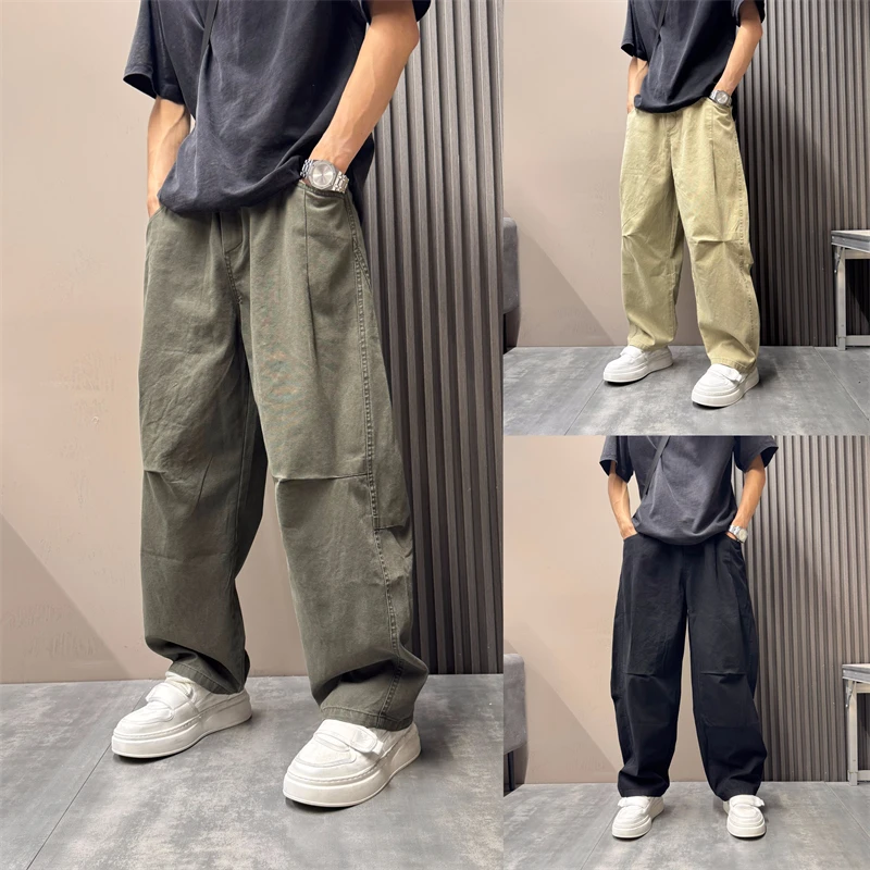 潮流宽松百搭阔腿弯刀裤男2025秋季款简约直筒工装裤纯色休闲裤