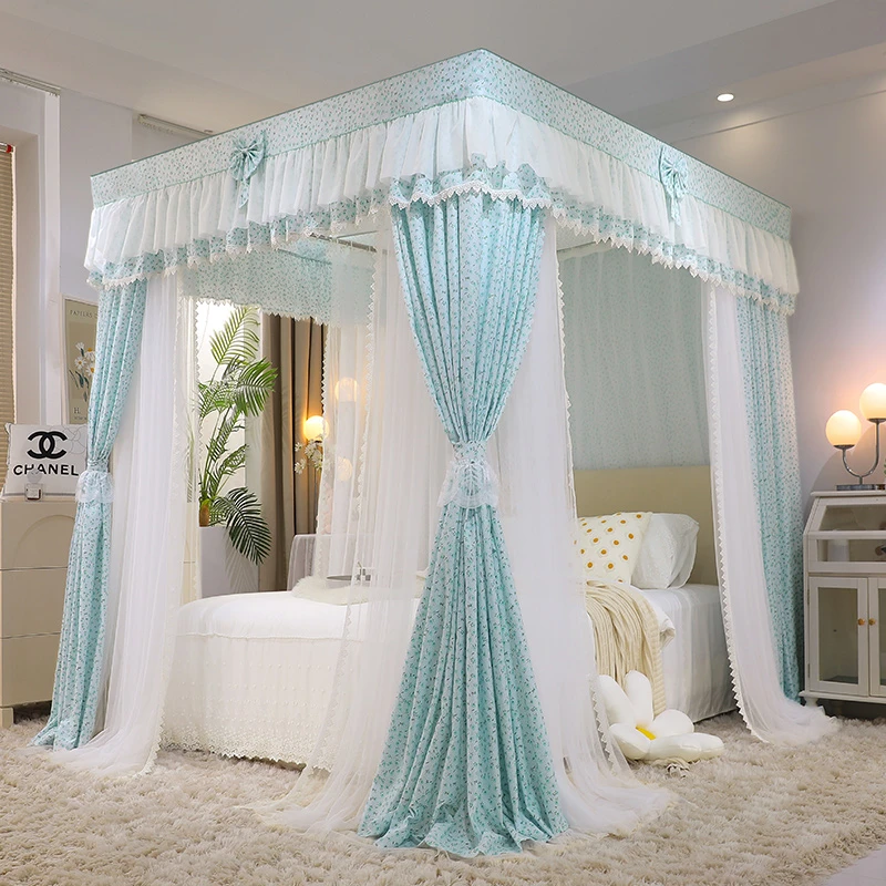 双杆落地式奶油风床幔蚊帐双层纱三开门遮光布帘防尘顶宫廷蚊帐