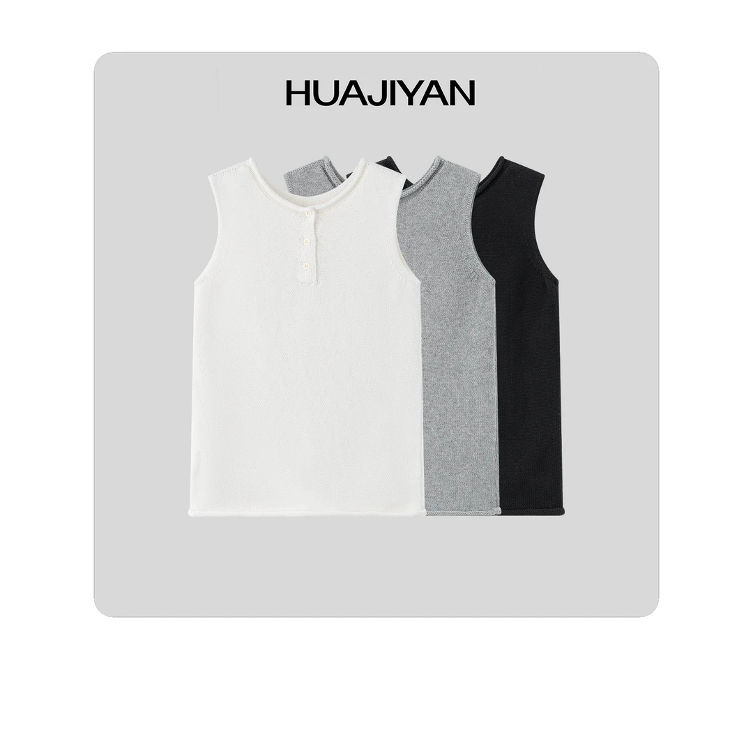 华吉言/HUAJIYAN【基础系列】100棉半开襟无袖毛织背心