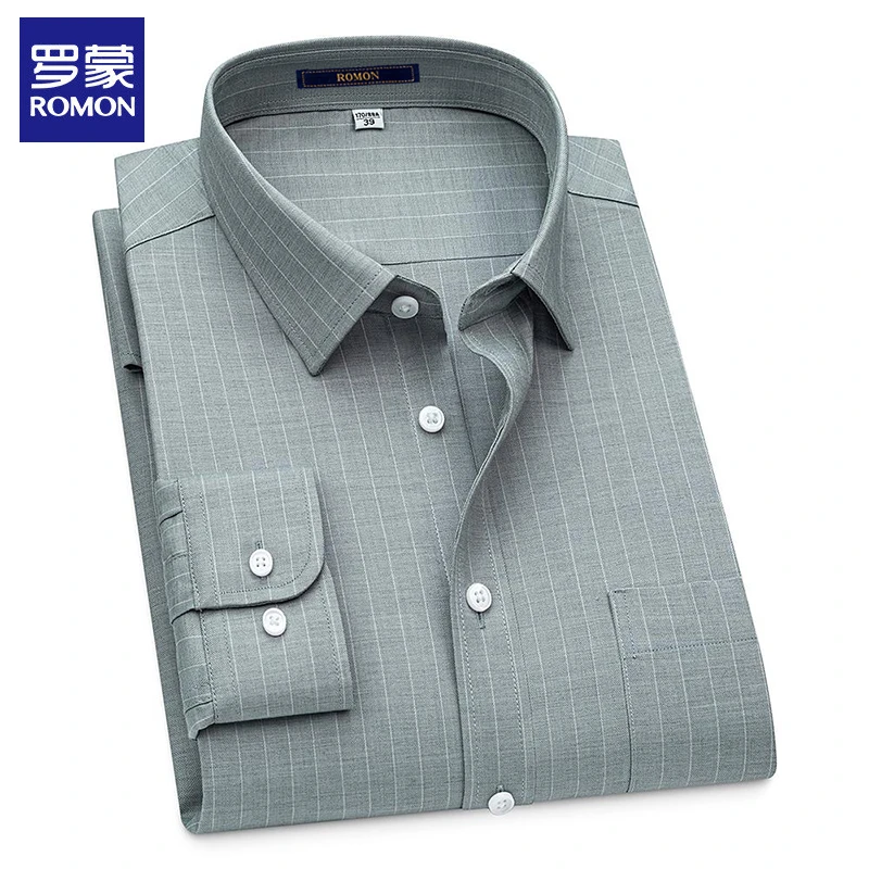罗蒙高端男士绵羊毛商务衬衫春秋抗皱休闲衬衣中青年条纹时尚寸衫