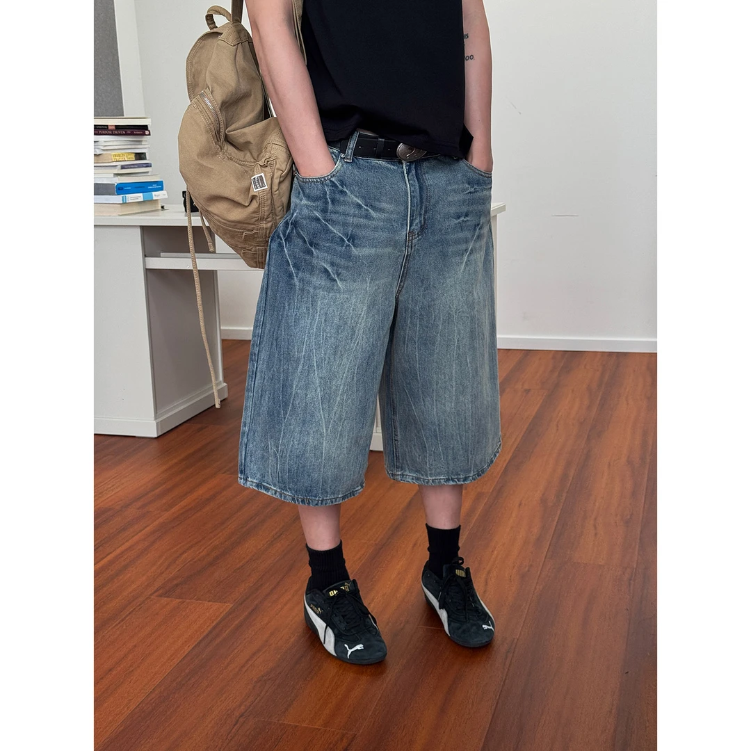 19studio WAYNEPRINCE美式高街风闪电纹牛仔短裤男夏季宽松七分裤