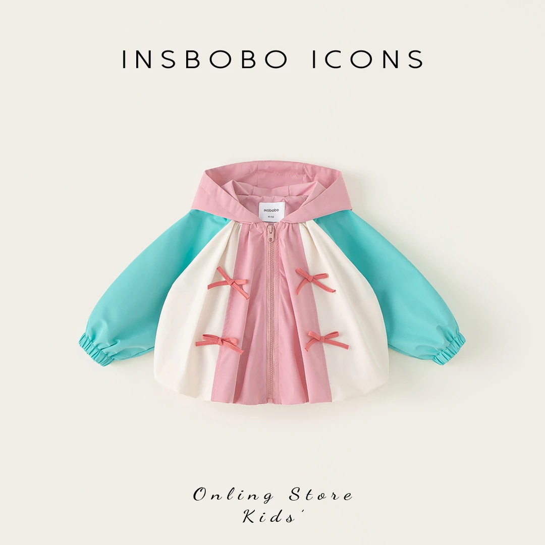 INSbobo儿童撞色外套春季新品上衣可爱洋气蝴蝶结连帽外套CY25067