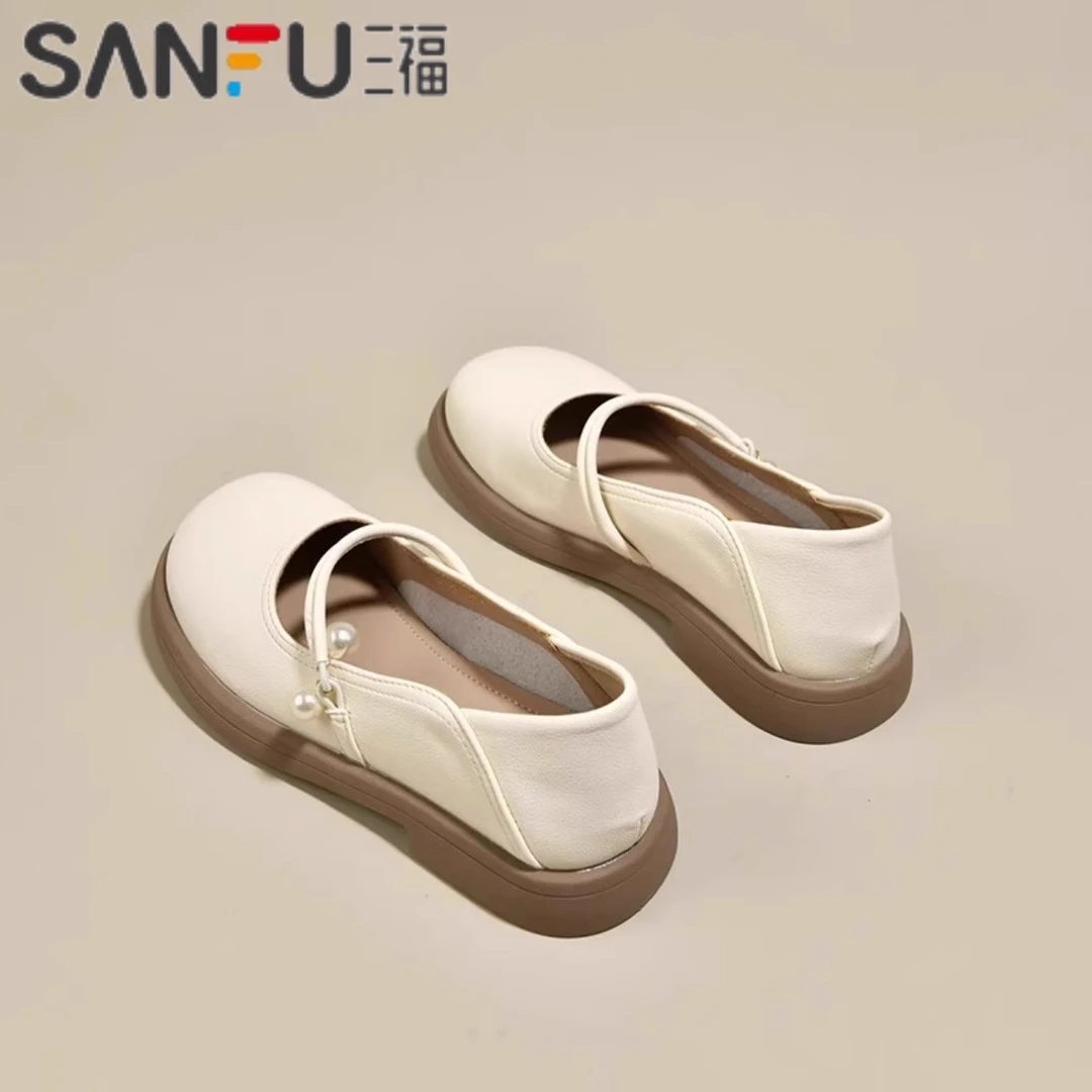 三福玛丽珍鞋女平底单鞋2025春季新款乐福鞋配裙子温柔小皮鞋