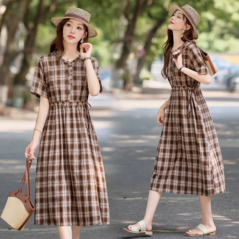 休闲时尚格纹抽绳连衣裙女2025年夏季新款遮肉显瘦宽松中长款裙子