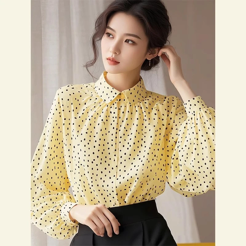 春季法式独特漂亮小众轻奢洋气高级感时尚百搭显瘦黄色波点衬衫女