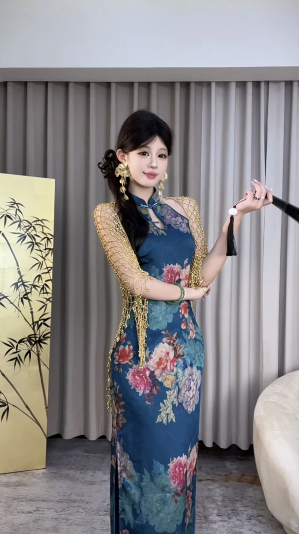 XQIN【繁弦】古靛蓝高级气质显瘦修身收腰开叉旗袍QXQHZ49204