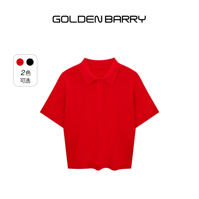 GOLDEN BARRY金和百瑞25夏半开领POLO醋酸短袖针织衫上衣女246452
