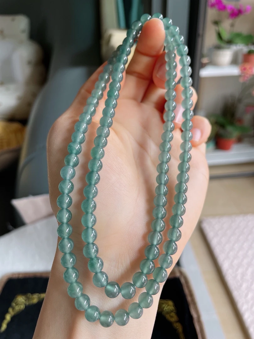 天然翡翠A货冰种蓝水蓝色圆珠项链珠链佛珠卡6mm108颗玉石冰透珠