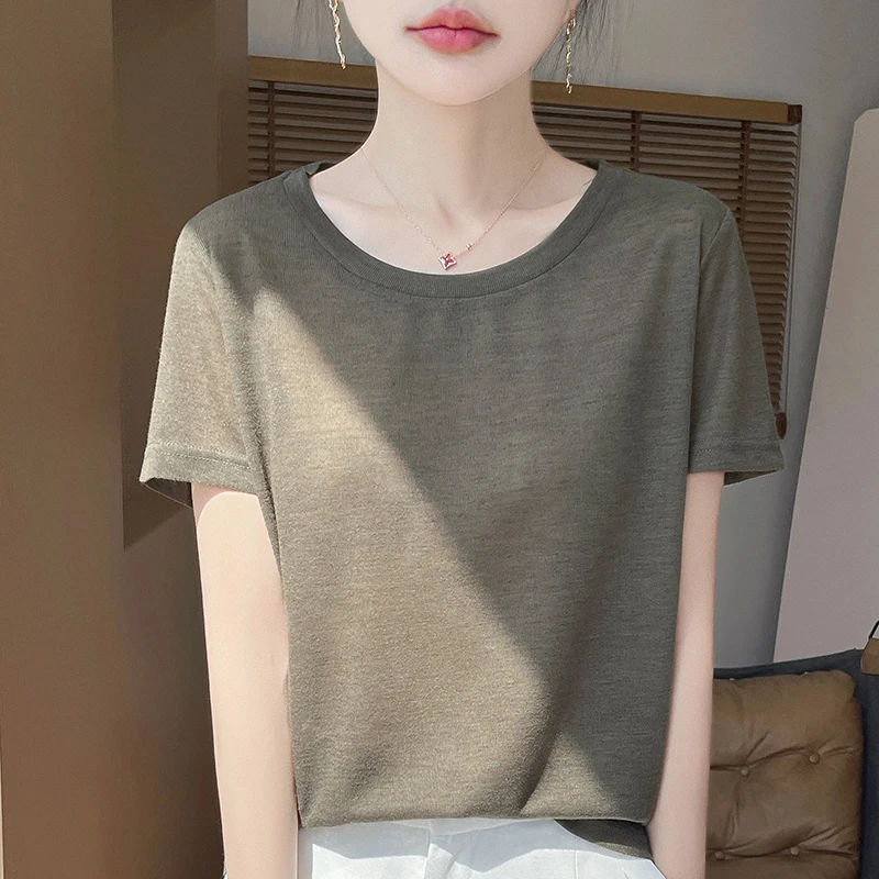 夏季新款圆领莱赛尔天丝短袖简洁大气显瘦纯色百搭半袖打底衫