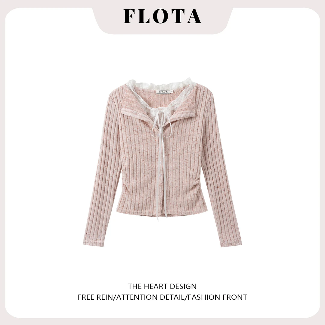 蕾丝假两件绑带翻领针织长袖女温柔减龄学院风内搭短款上衣ins