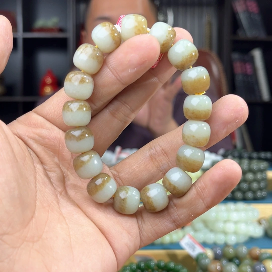 和田玉手串 未镶嵌纯天然和田玉新疆且末金山料卡13
