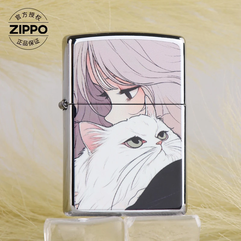 ZIPPO/之宝打火机原装正品 抱猫少女 镜面可爱手收藏送女孩礼物