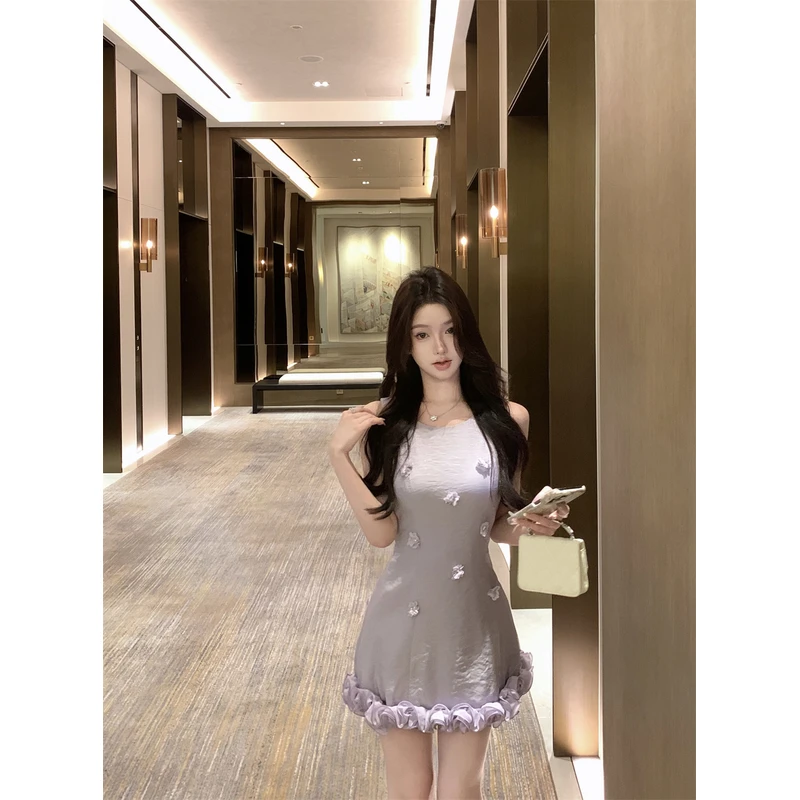 法式气质立体花朵木耳边无袖连衣裙女夏季收腰显瘦A字背心连衣裙