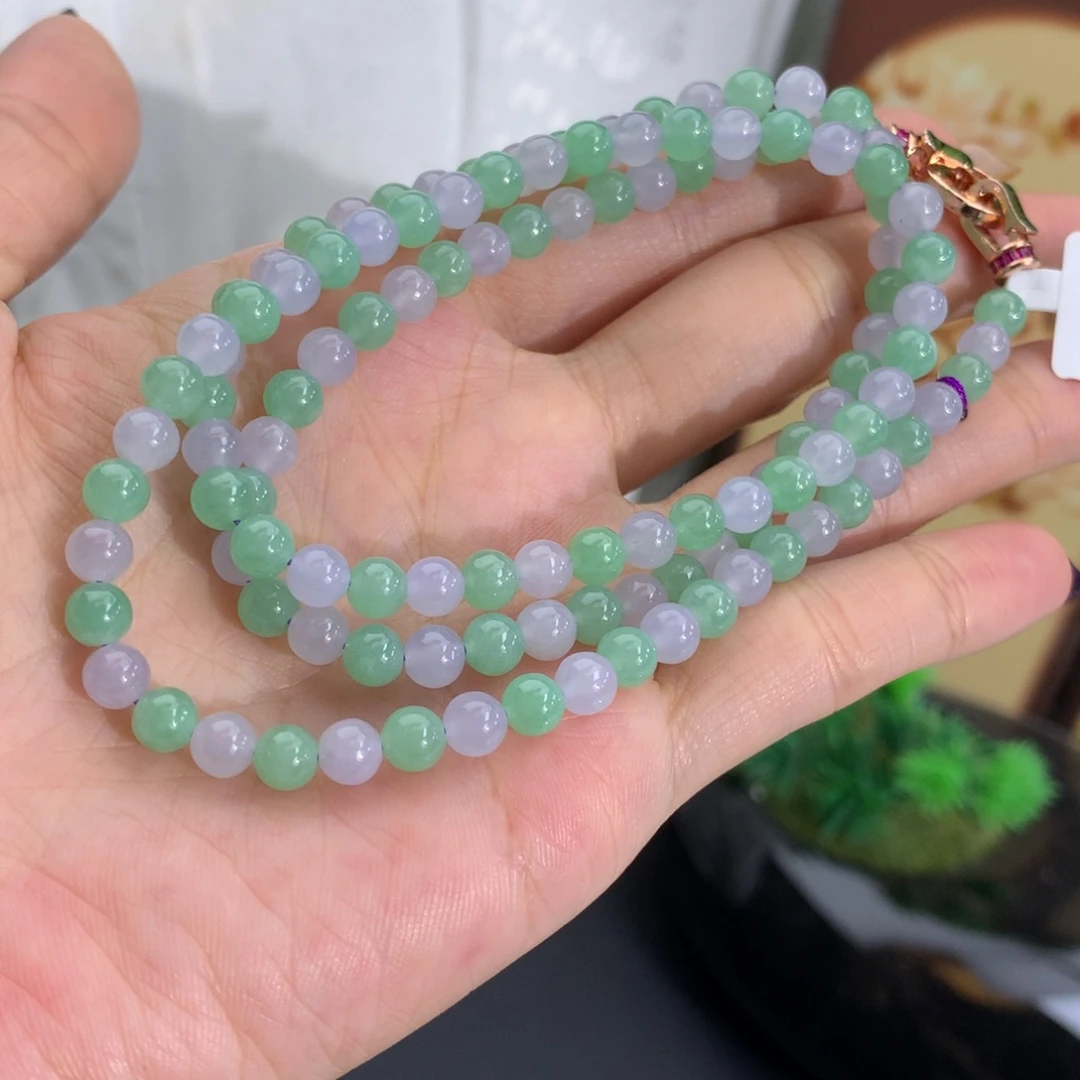翡翠未镶嵌手串卡5胶润紫绿双彩项链