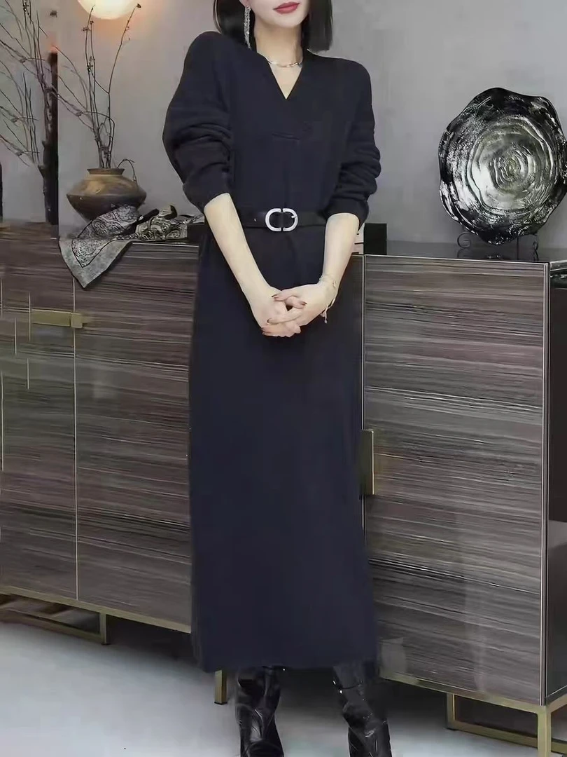 A020娃娃领V领不褪色吸汗H型连衣裙女装显瘦针织连衣裙