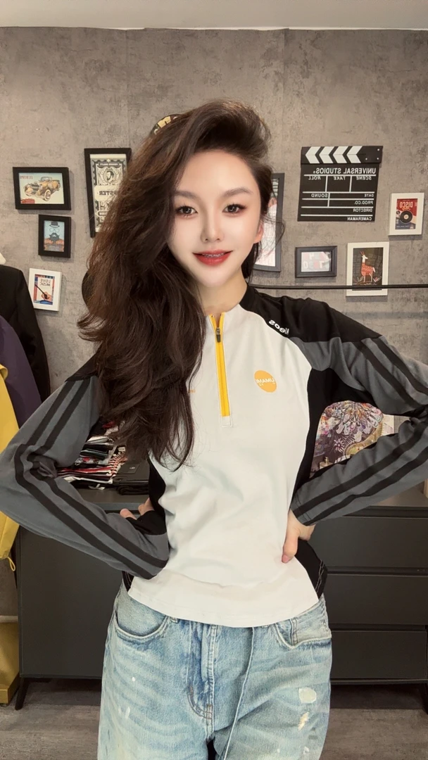 高弹力精梳棉半拉链长袖棉T恤女修身显瘦柔软舒适拼色上衣