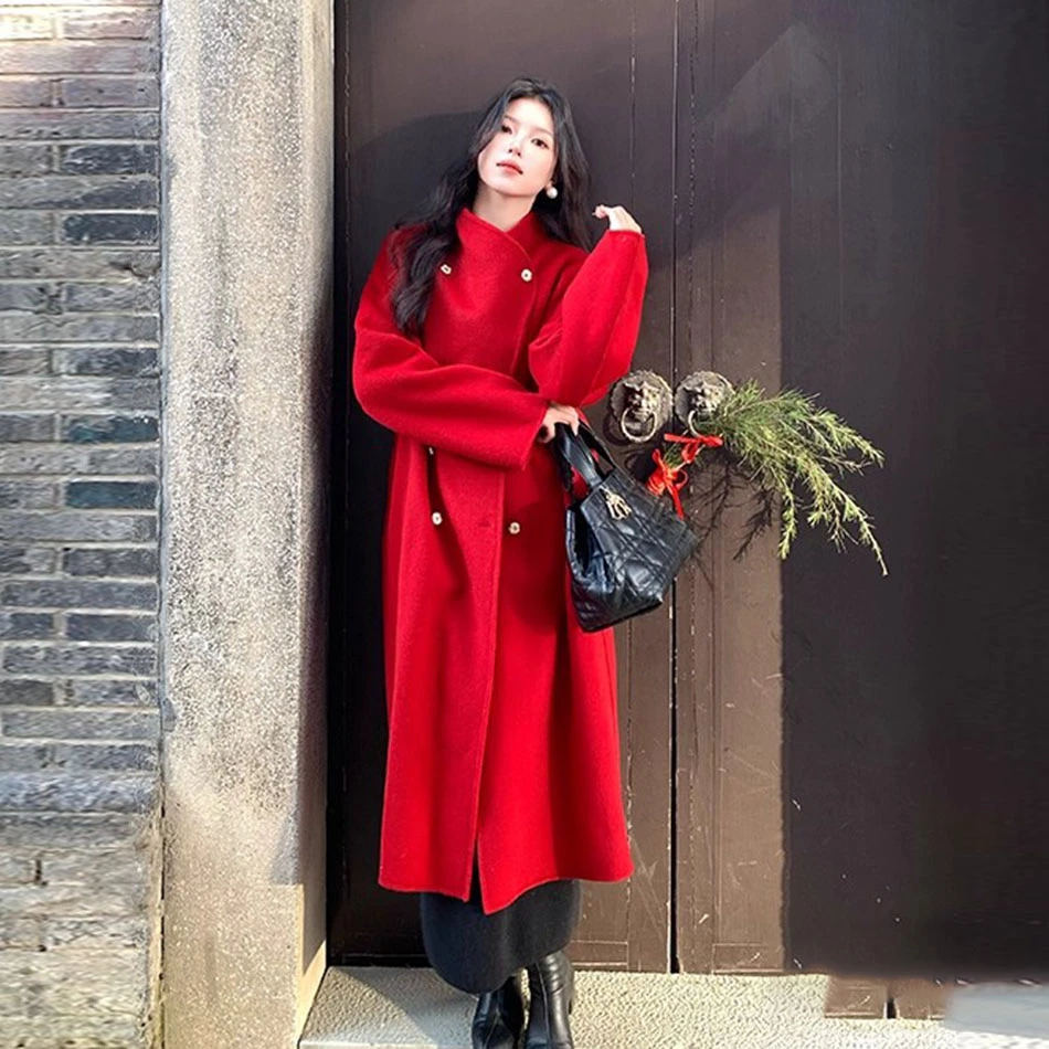 2025秋冬立领中长款双面绒毛呢外套女高档次小个子法式呢子大衣