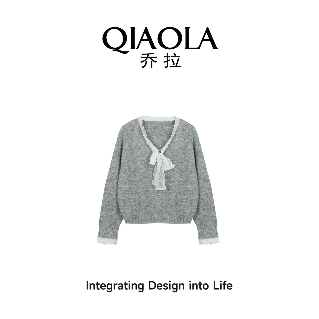 QIAOLA/乔拉【甜心奶花】春季羊驼马海毛蝴蝶结小设计显瘦上衣预售