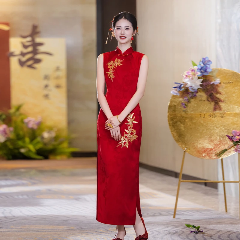 新中式红色旗袍敬酒服新娘结婚订婚礼服两件套夏季日常含披肩晨袍