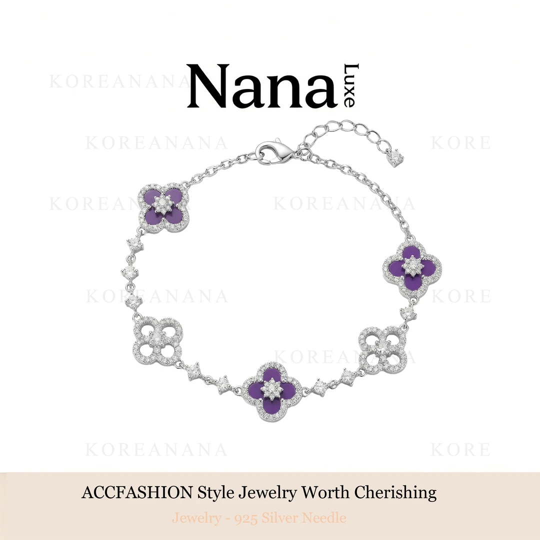 铜合金合成锆石手链 镀白金【紫夜玫瑰】轻奢锆石四叶花手链B031