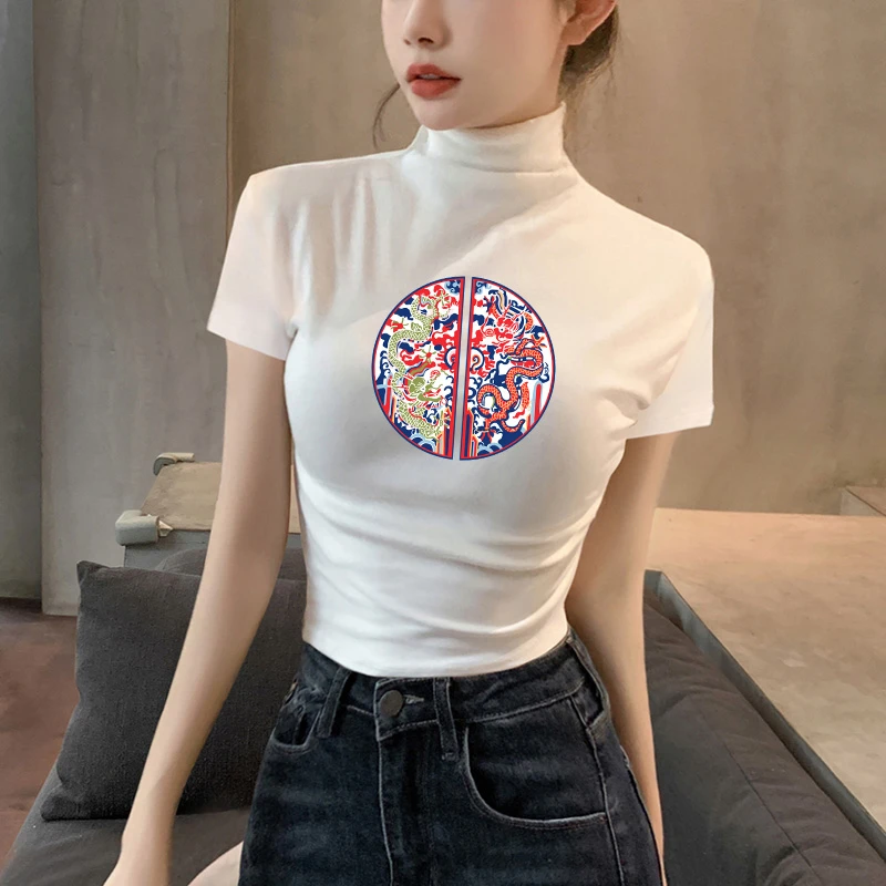 中国风半高领短袖T恤女夏新款白色显瘦女装百搭印花莫代尔上衣潮