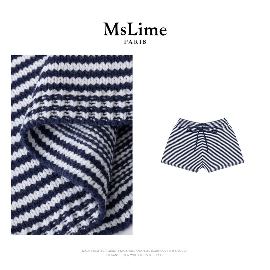 王嬛嬛MsLime25年新款【蓝纹】进口棉蓝白条纹短裤 HD2A1360