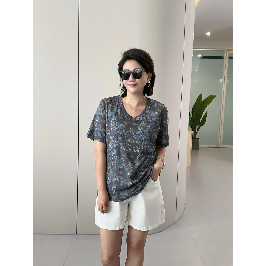 微胖女装【花海】V领双面印蓝花T恤夏季新款显瘦百搭短袖上衣20755