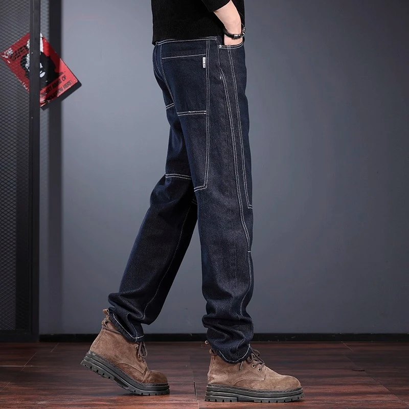 潮牌牛仔裤男秋冬款深蓝色微哈小直筒长裤时尚设计感辑明线男裤子