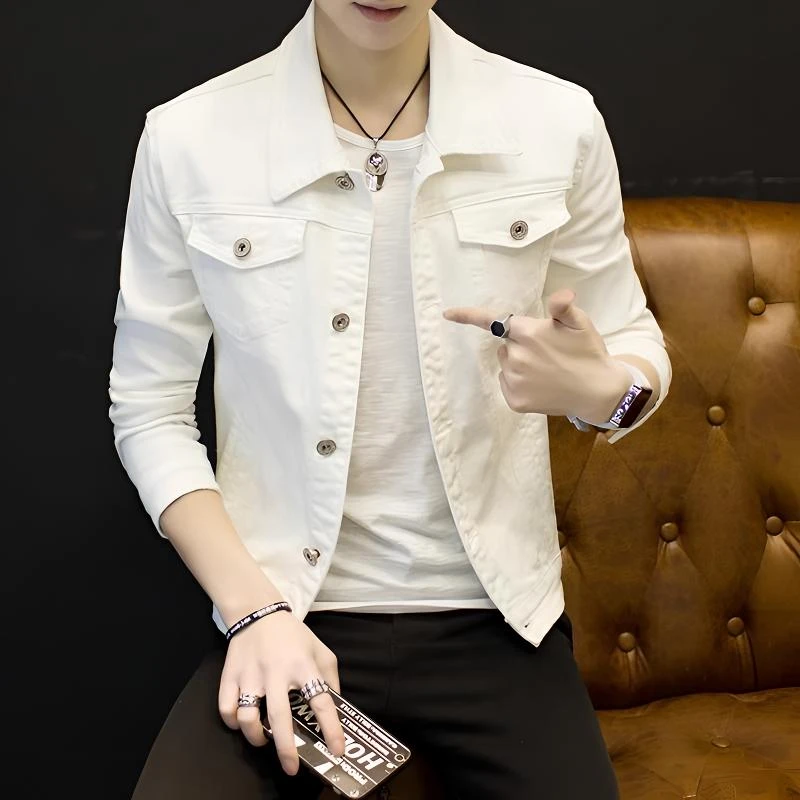 香港潮牌秋季XS小码男装白色休闲外套牛仔夹克S小个子155短款修身