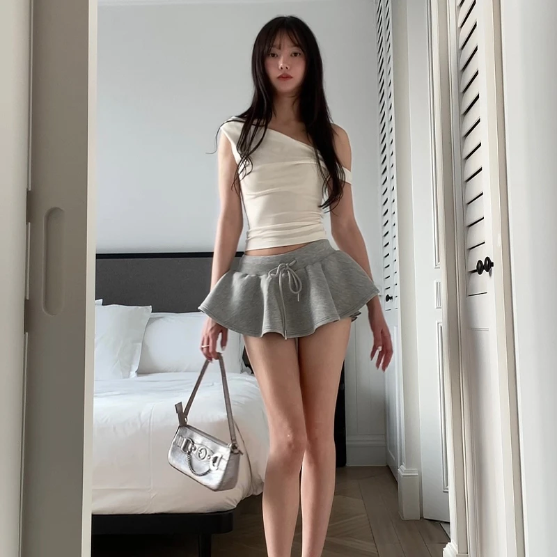 元气芭蕾少女 灰色抽绳半身裙女气质辣妹高腰显瘦防走光a字短裙