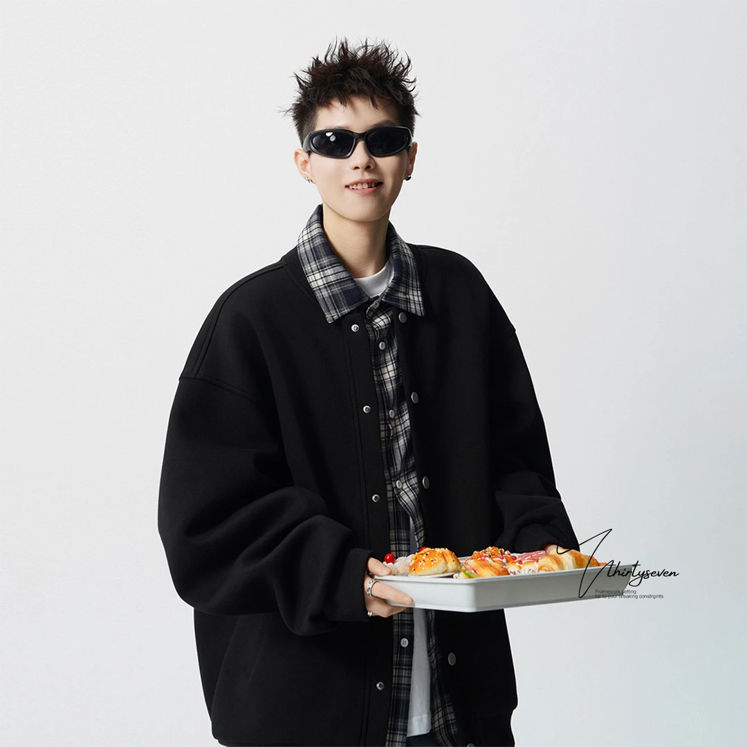 V37美式假两件衬衫领卫衣男秋格纹拼色休闲外套复古宽松情侣上衣