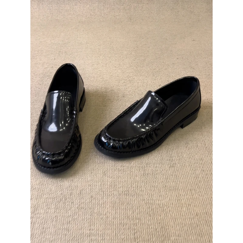 nnmiss/2.5cm复古英伦风漆皮乐福鞋女设计感褶皱圆头一脚蹬小皮鞋