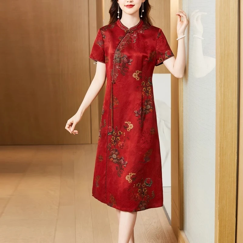 桑蚕丝中式连衣裙女2025红色洋气短袖妈妈旗袍连衣裙杭州香云纱裙