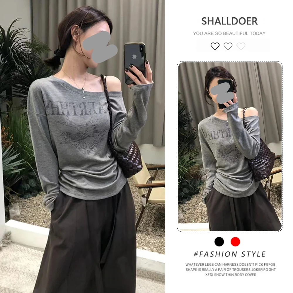 老钱风松驰感斜领露肩长袖t恤女2025春秋新款修身显瘦打底衫上衣