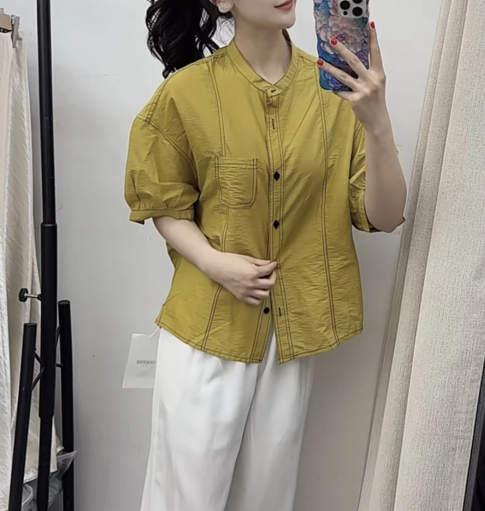 夏季立领单排扣单口袋明线短袖衬衫女宽松显瘦休闲上衣