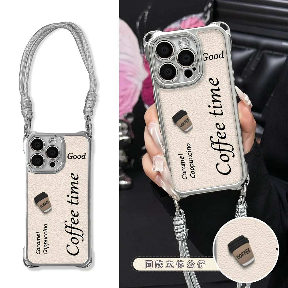 英文咖啡适用苹果vivo华为oppo小米iPhone16电镀挂绳四角手机壳