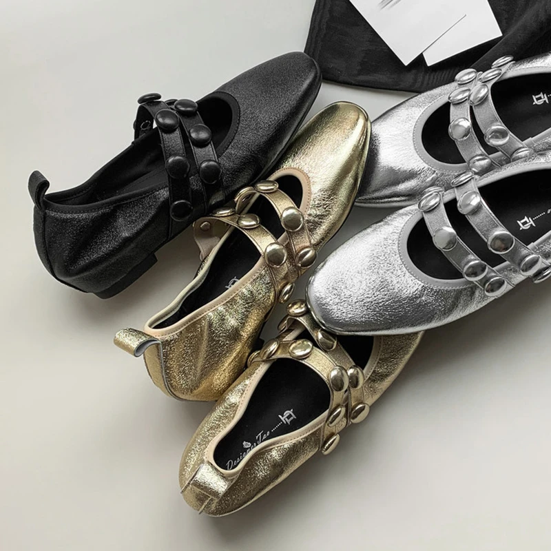 圆头一字扣带芭蕾舞鞋女平底内增高玛丽珍鞋2025春季新款银色单鞋