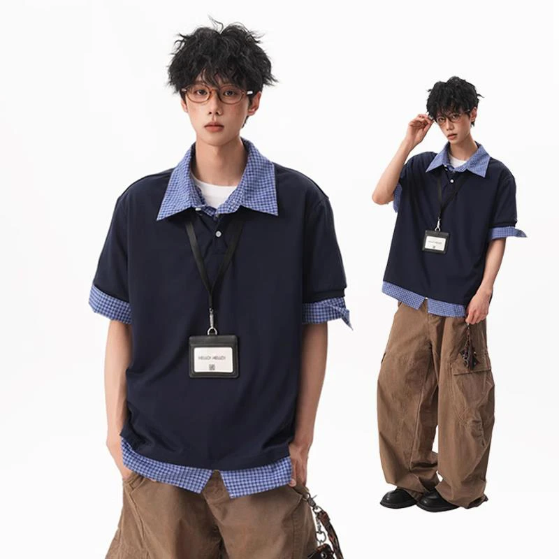 学院风假两件Polo衫短袖男女夏季高级感情侣T恤简约宽松半袖上衣