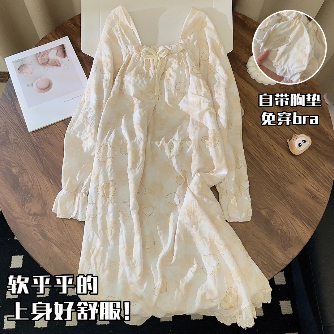奶呼呼睡裙女春秋季长袖方领梭织棉冬天新款带胸垫网红睡衣家居服