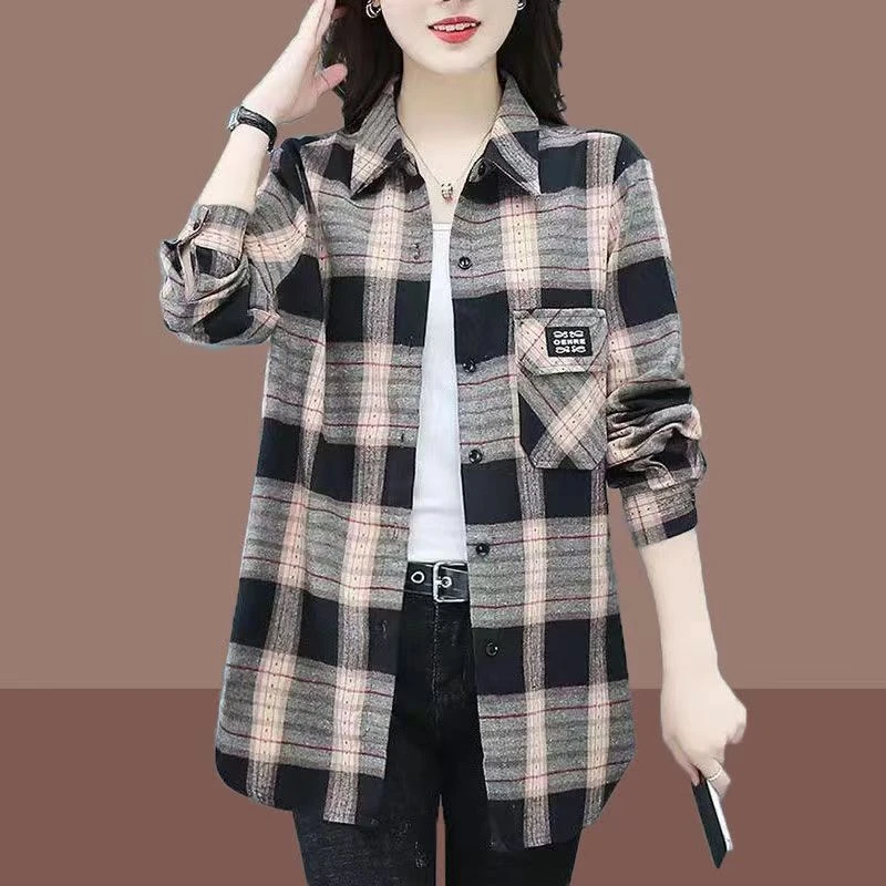 春秋装格子女士长袖衬衫洋气减龄外套开衫百搭中长款上衣年度新款