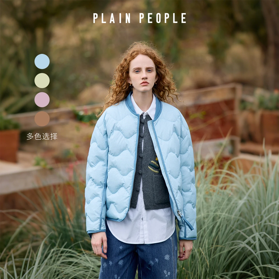 PLAIN PEOPLE复古90鸭绒休闲棒球服罗纹拼接领羽绒服外套女25冬季