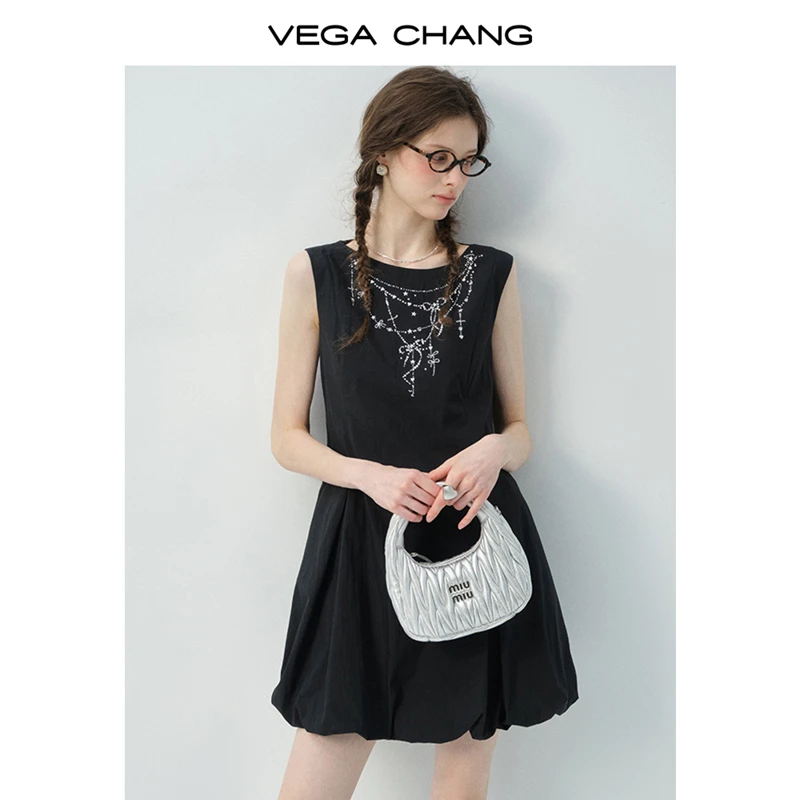 VEGA CHANG无袖连衣裙女2025新款夏仿钻黑色蓬蓬裙摆花苞裙0576SQ