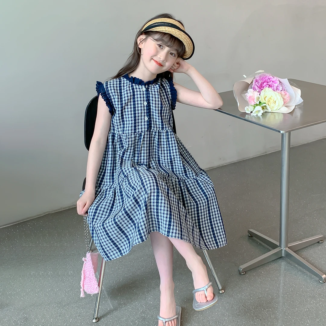 女童夏季连衣裙2025夏季新款小女孩时尚格子款气质风连衣裙Q13589