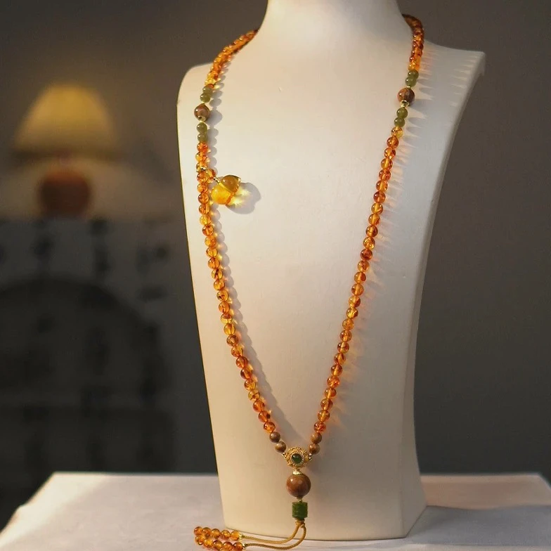 【天然珠宝】6+俄罗斯花珀108设计项链气质链子珠精美时尚中古多层