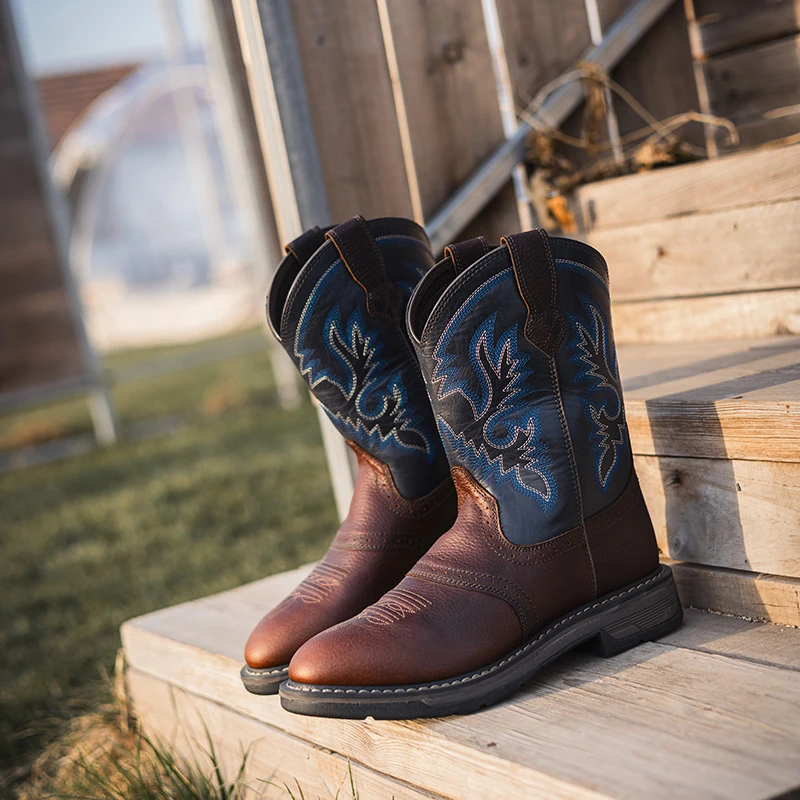 PALITUTU2024新款刺绣复古时装靴百搭V口套筒靴西部牛仔靴马丁靴