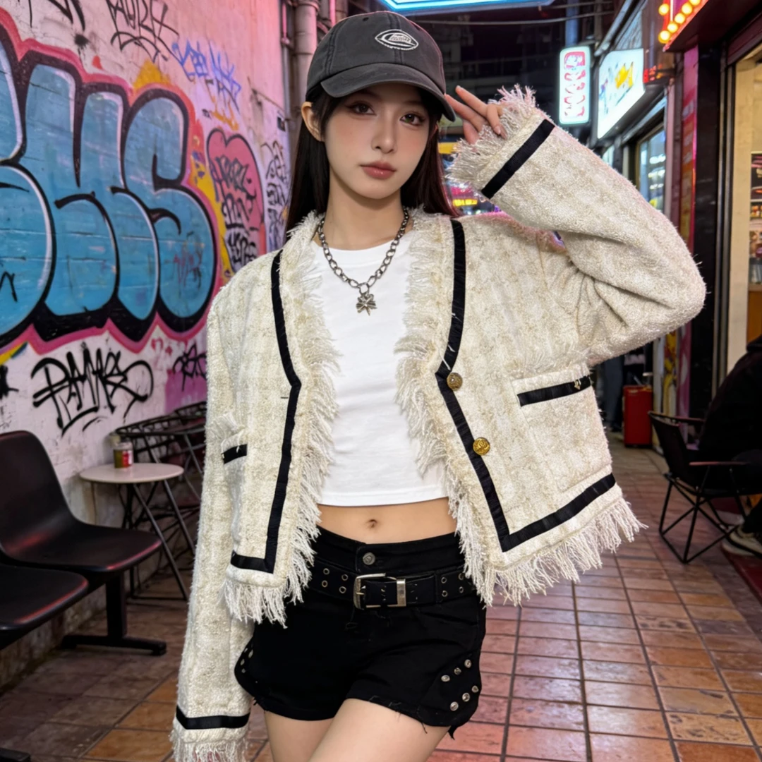 春秋季法式小香风粗花呢撞色流苏短款外套女时尚气质长袖上衣