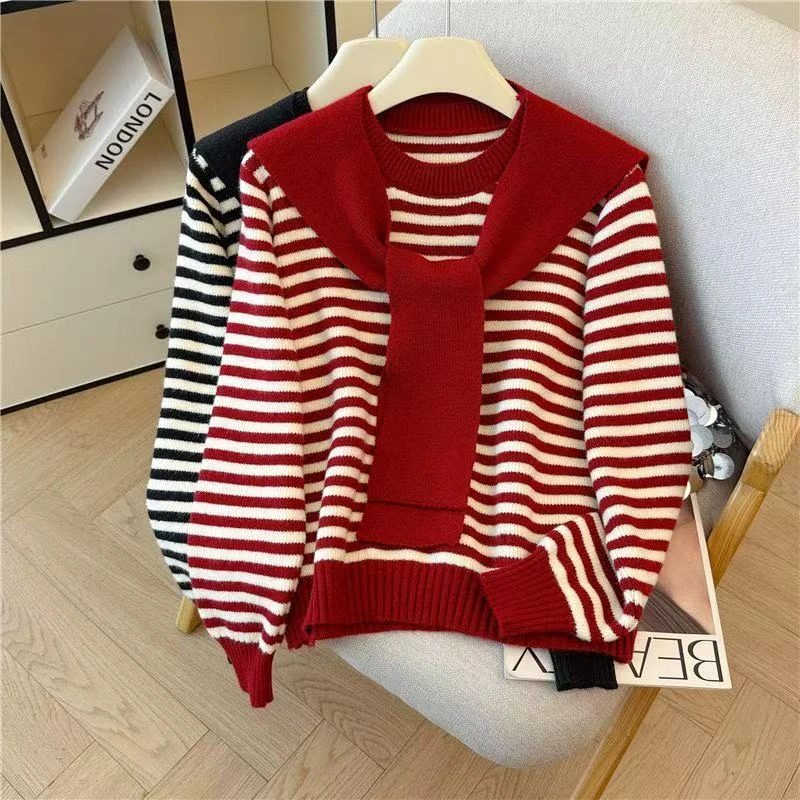 040 多金大码气质减龄长款A字裙子春秋季设计红条纹长袖连衣裙女